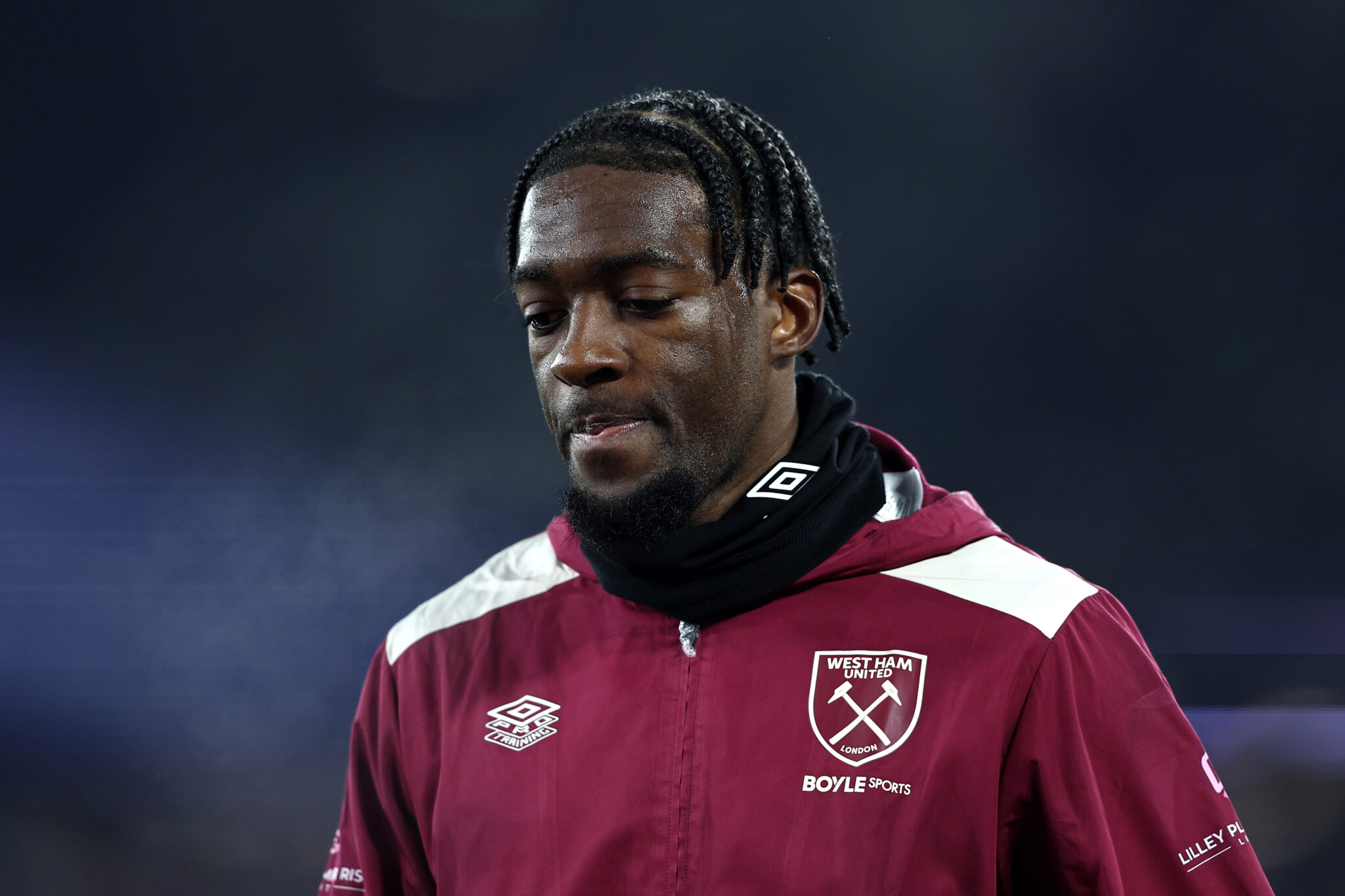 Chelsea loanee Axel Disasi looks on during warm ups prior to the Premier League match between West Ham United and Manchester United at London Stadium on February 10, 2026 in London, England.