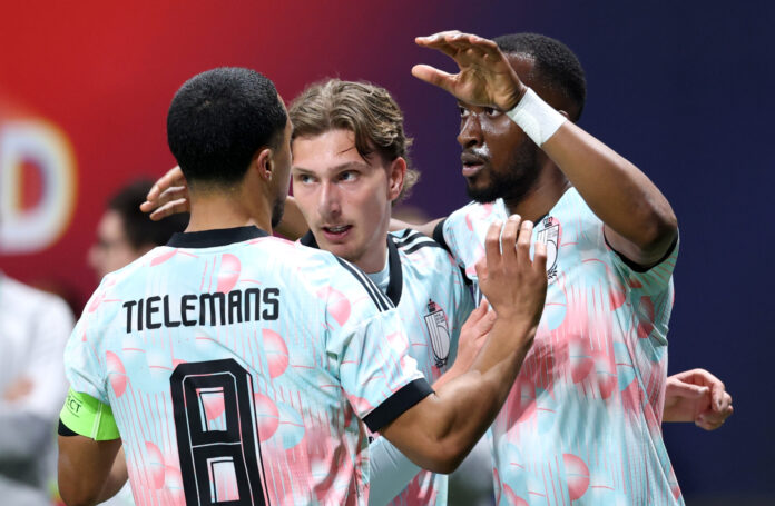Dodi Lukebakio #14 of Belgium celebrates scoring his team's fifth goal with teammates during the International Friendly match between United States and Belgium at Mercedes-Benz Stadium on March 28, 2026 in Atlanta, Georgia.