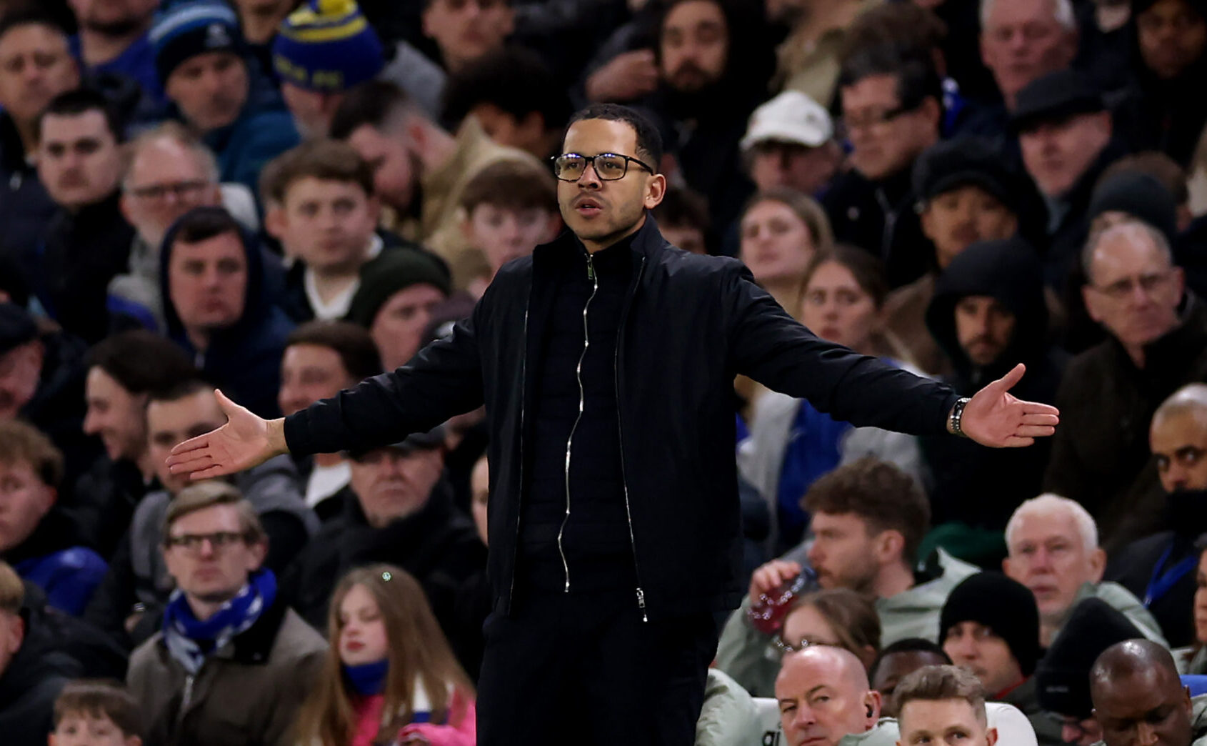 Liam Rosenior, Manager of Chelsea, reacts during the Premier League match between Chelsea and Newcastle United at Stamford Bridge on March 14, 2026 in London, England.