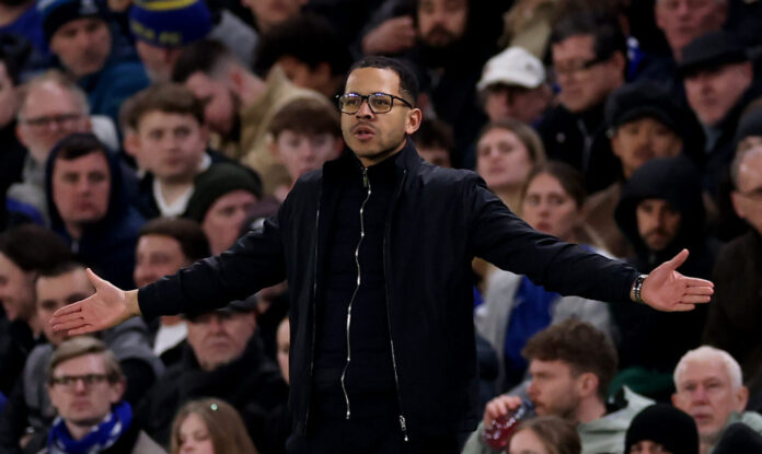 Liam Rosenior, Manager of Chelsea, reacts during the Premier League match between Chelsea and Newcastle United at Stamford Bridge on March 14, 2026 in London, England.