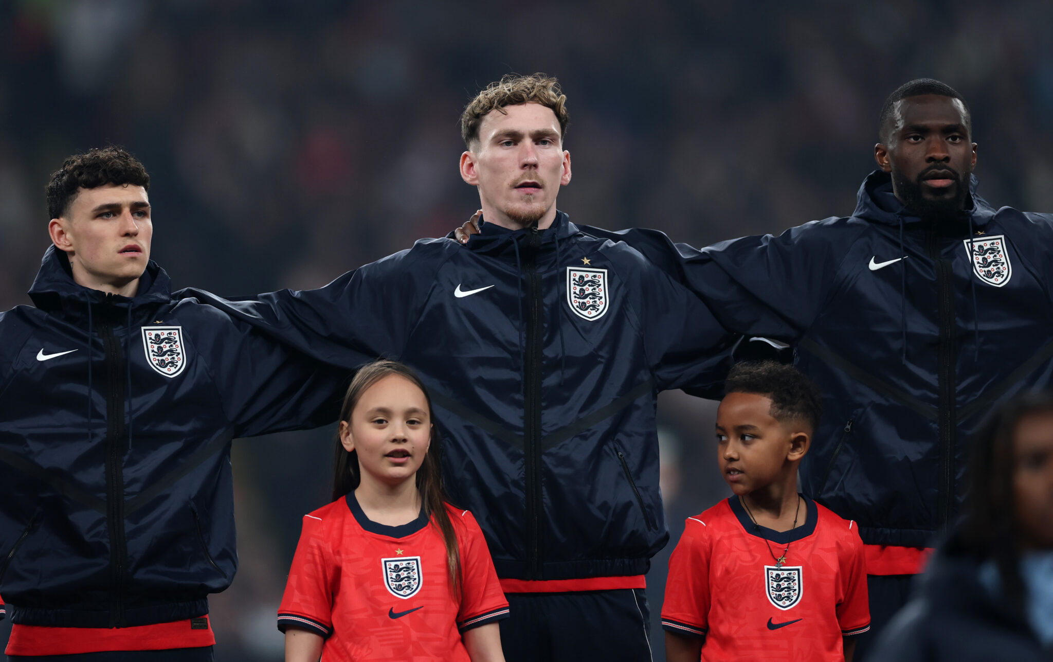 Phil Foden, James Garner and Fikayo Tomori of England line up during the international friendly match between England and Uruguay at Wembley Stadium on March 27, 2026 in London, England.