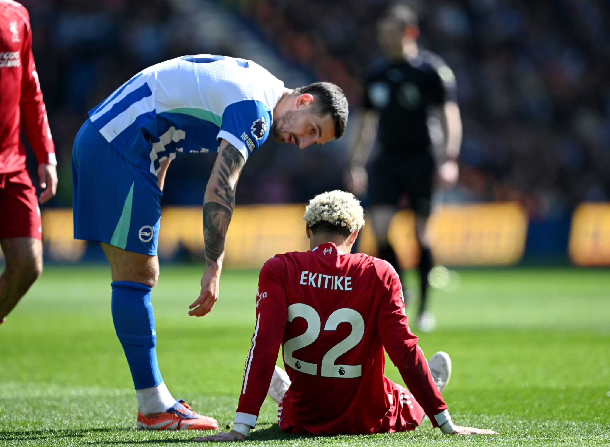 Hugo Ekitike of Liverpool reacts on the floor with a injury during the Premier League match between Brighton & Hove Albion and Liverpool at Amex Stadium on March 21, 2026 in Brighton, England.