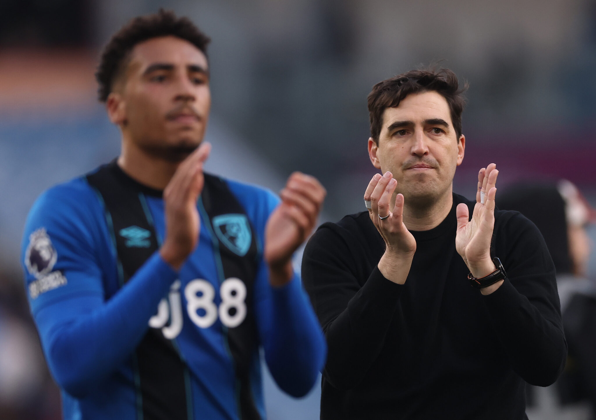 Andoni Iraola, Manager of AFC Bournemouth, acknowledges the fans following the Premier League match between Burnley and Bournemouth at Turf Moor on March 14, 2026 in Burnley, England.