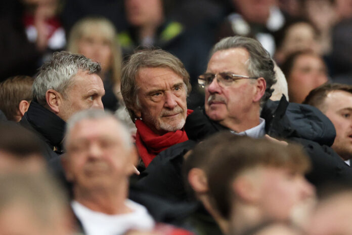 Jason Wilcox, Director of Football at Man Utd, and Jim Ratcliffe, Minority Shareholder in Manchester United, watch from the stands during the Premier League match between Newcastle United and Manchester United at St James' Park on March 04, 2026 in Newcastle upon Tyne, England.