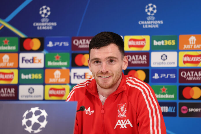 Andy Robertson of Liverpool speaks to the media during a press conference ahead of the UEFA Champions League 2025/26 Round of 16 Second Leg between Liverpool FC and Galatasaray at AXA Training Centre on March 17, 2026 in Kirkby, England.