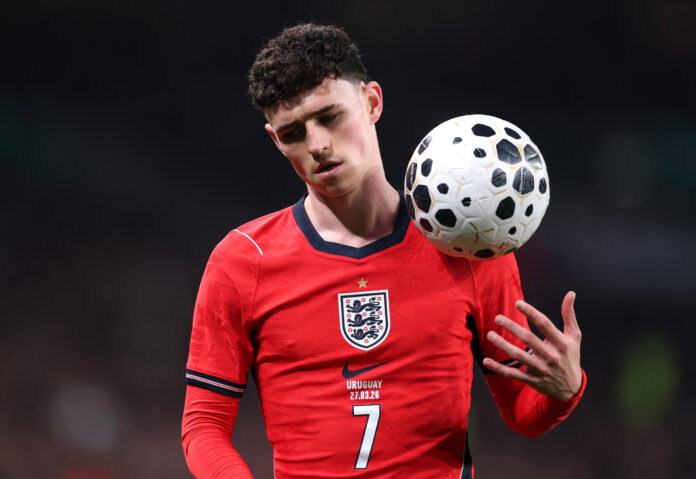 Phil Foden of England looks on during the international friendly match between England and Uruguay at Wembley Stadium on March 27, 2026 in London, England.