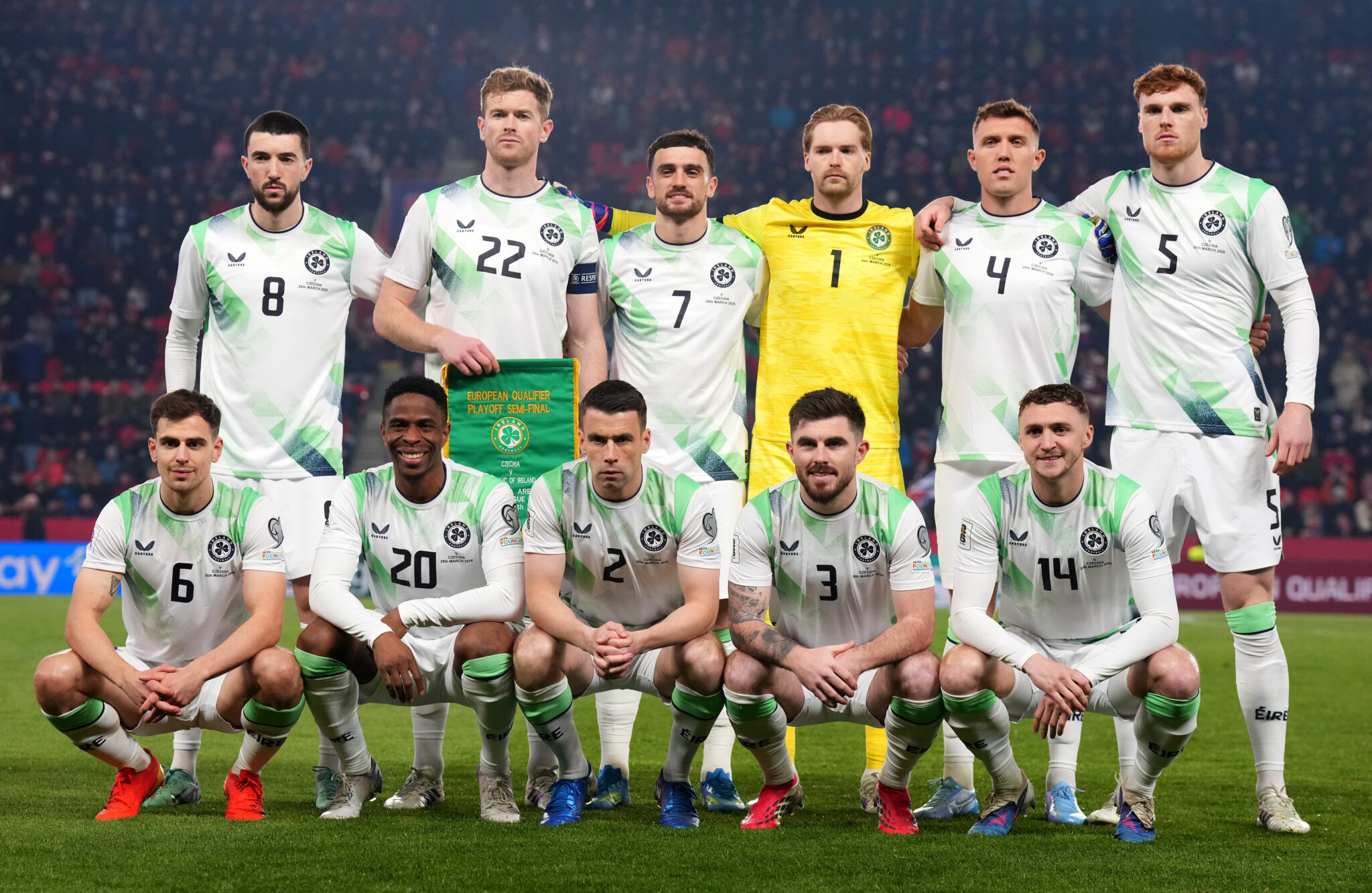 Players of Republic of Ireland pose for a team photograph prior to the FIFA World Cup 2026 European Qualifiers KO play-offs match between Czechia and Republic of Ireland at Fortuna Arena on March 26, 2026 in Prague, Czech Republic.