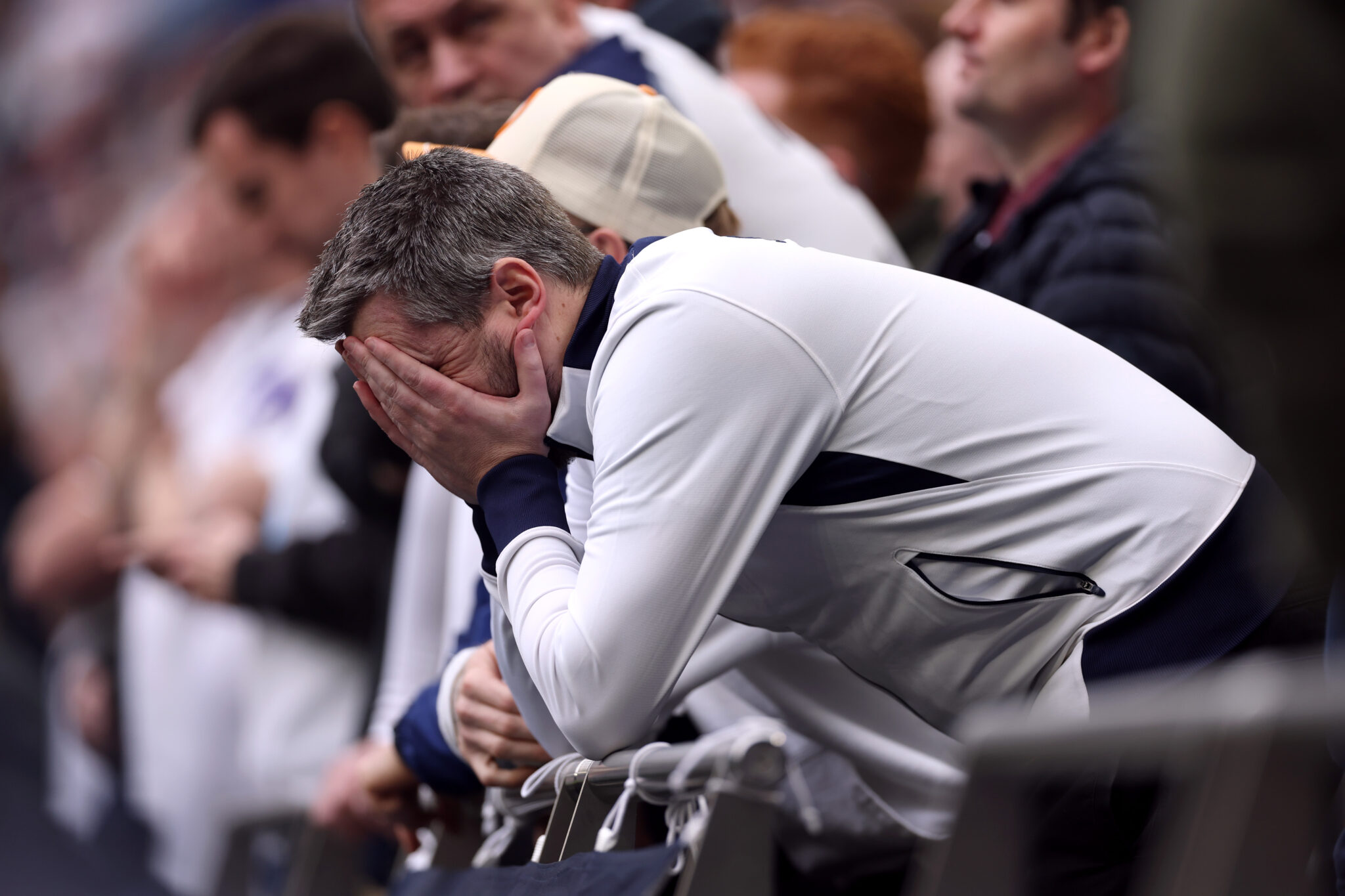A Spurs fan looks dejected during the Premier League match between Tottenham Hotspur and Nottingham Forest at Tottenham Hotspur Stadium on March 22, 2026 in London, England.