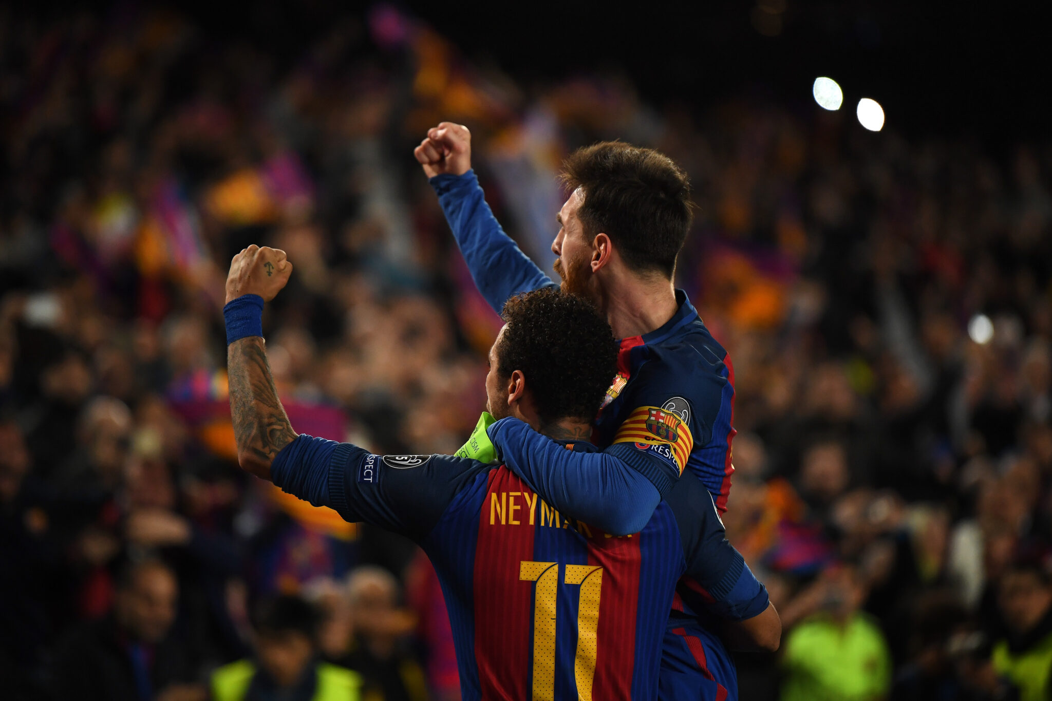 Lionel Messi and Neymar of Barcelona celebrate the sixth goal during the UEFA Champions League Round of 16 second leg match between FC Barcelona and Paris Saint-Germain at Camp Nou on March 8, 2017 in Barcelona, Spain.