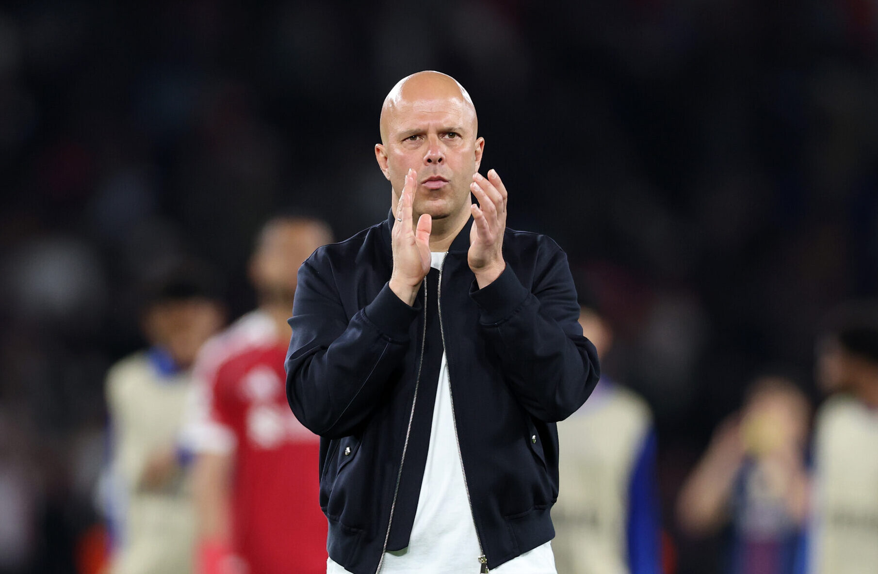 Arne Slot, Manager of Liverpool, applauds the fans after the UEFA Champions League 2025/26 Quarter-Final First Leg match between Paris Saint-Germain FC and Liverpool FC at Parc des Princes on April 08, 2026 in Paris, France.