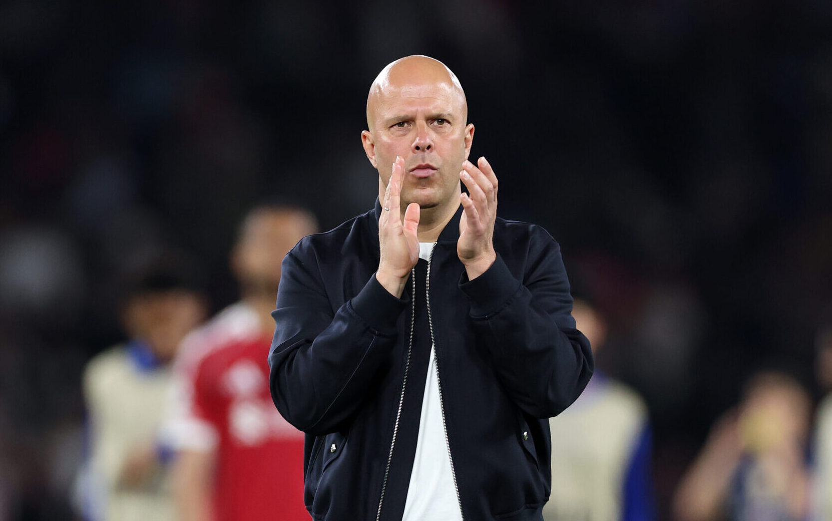 Arne Slot, Manager of Liverpool, applauds the fans after the UEFA Champions League 2025/26 Quarter-Final First Leg match between Paris Saint-Germain FC and Liverpool FC at Parc des Princes on April 08, 2026 in Paris, France.