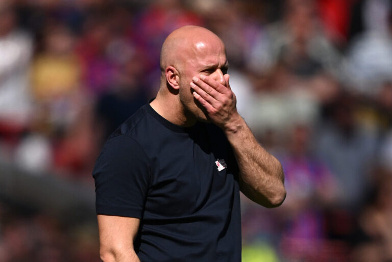 Arne Slot, Manager of Liverpool, reacts during the Premier League match between Liverpool and Crystal Palace at Anfield on April 25, 2026 in Liverpool, England.