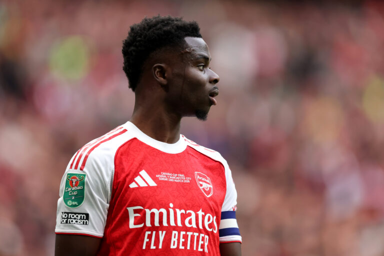Bukayo Saka of Arsenal looks on during the Carabao Cup Final match between Arsenal and Manchester City at Wembley Stadium on March 22, 2026 in London, England.