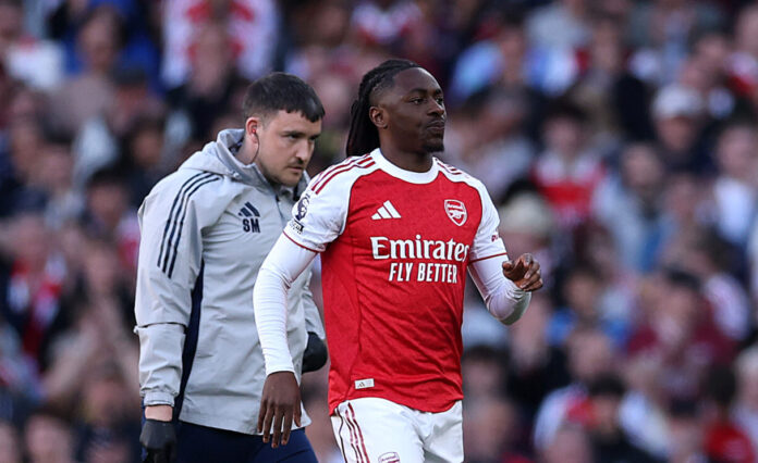Arsenal player Eberechi Eze is substituted with an injury during the Premier League match between Arsenal and Newcastle United at Emirates Stadium on April 25, 2026 in London, England.