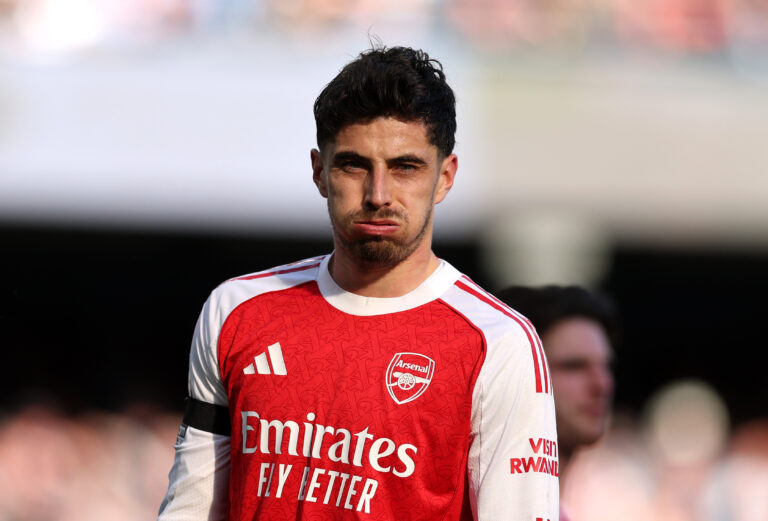 Kai Havertz of Arsenal looks dejected during the Premier League match between Manchester City and Arsenal at Etihad Stadium on April 19, 2026 in Manchester, England.
