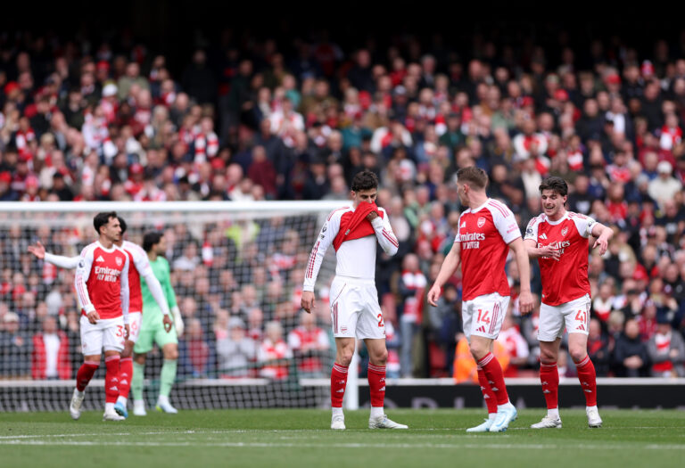 Arsenal players Kai Havertz and Declan Rice react after their team concedes a goal during the Premier League match between Arsenal and Bournemouth at Emirates Stadium on April 11, 2026 in London, England.