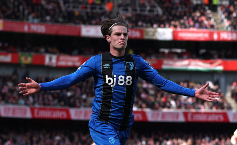 Bournemouth player Alex Scott celebrates scoring his team's second goal during the Premier League match between Arsenal and Bournemouth at Emirates Stadium on April 11, 2026 in London, England.