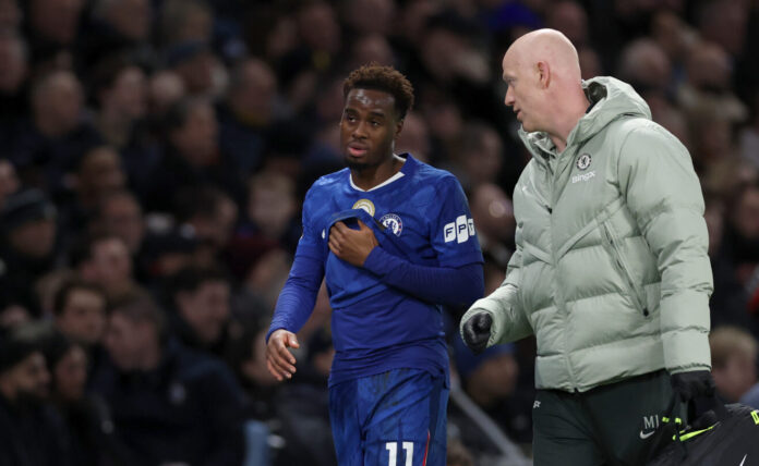 Jamie Gittens of Chelsea leaves the pitch after picking up an injury during the Premier League match between Chelsea and West Ham United at Stamford Bridge on January 31, 2026 in London, England.