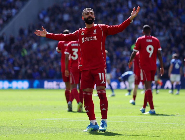 Mohamed Salah of Liverpool celebrates scoring his team's first goal during the Premier League match between Everton and Liverpool at Hill Dickinson Stadium on April 19, 2026 in Liverpool, England.