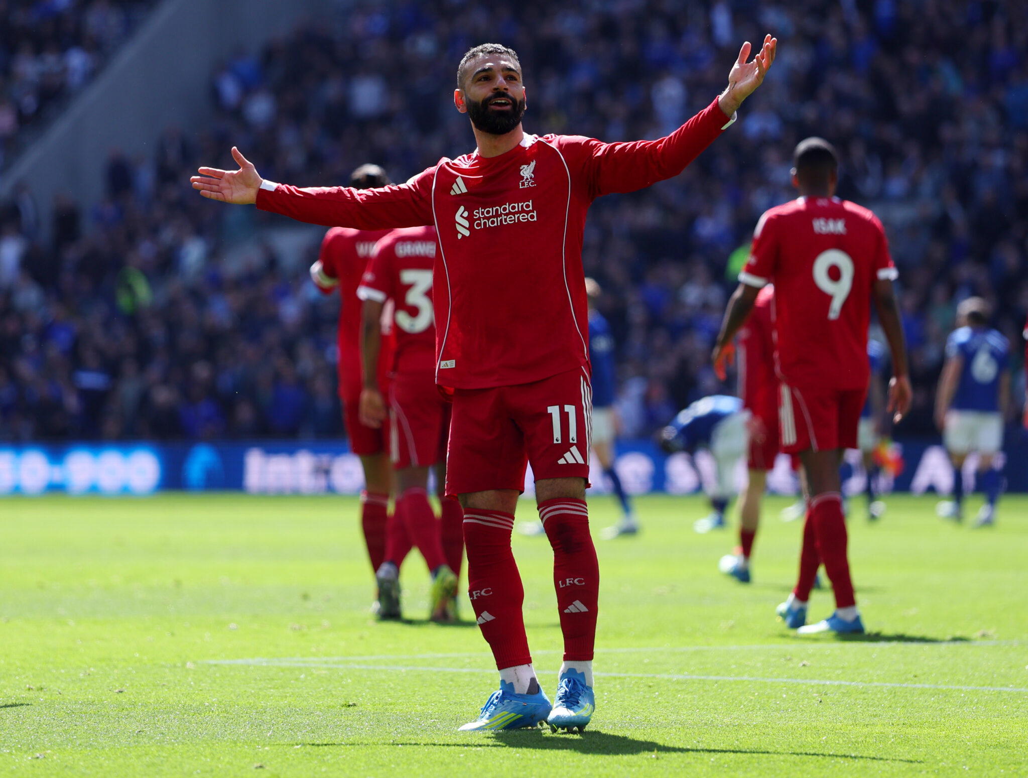 Mohamed Salah of Liverpool celebrates scoring his team's first goal during the Premier League match between Everton and Liverpool at Hill Dickinson Stadium on April 19, 2026 in Liverpool, England.