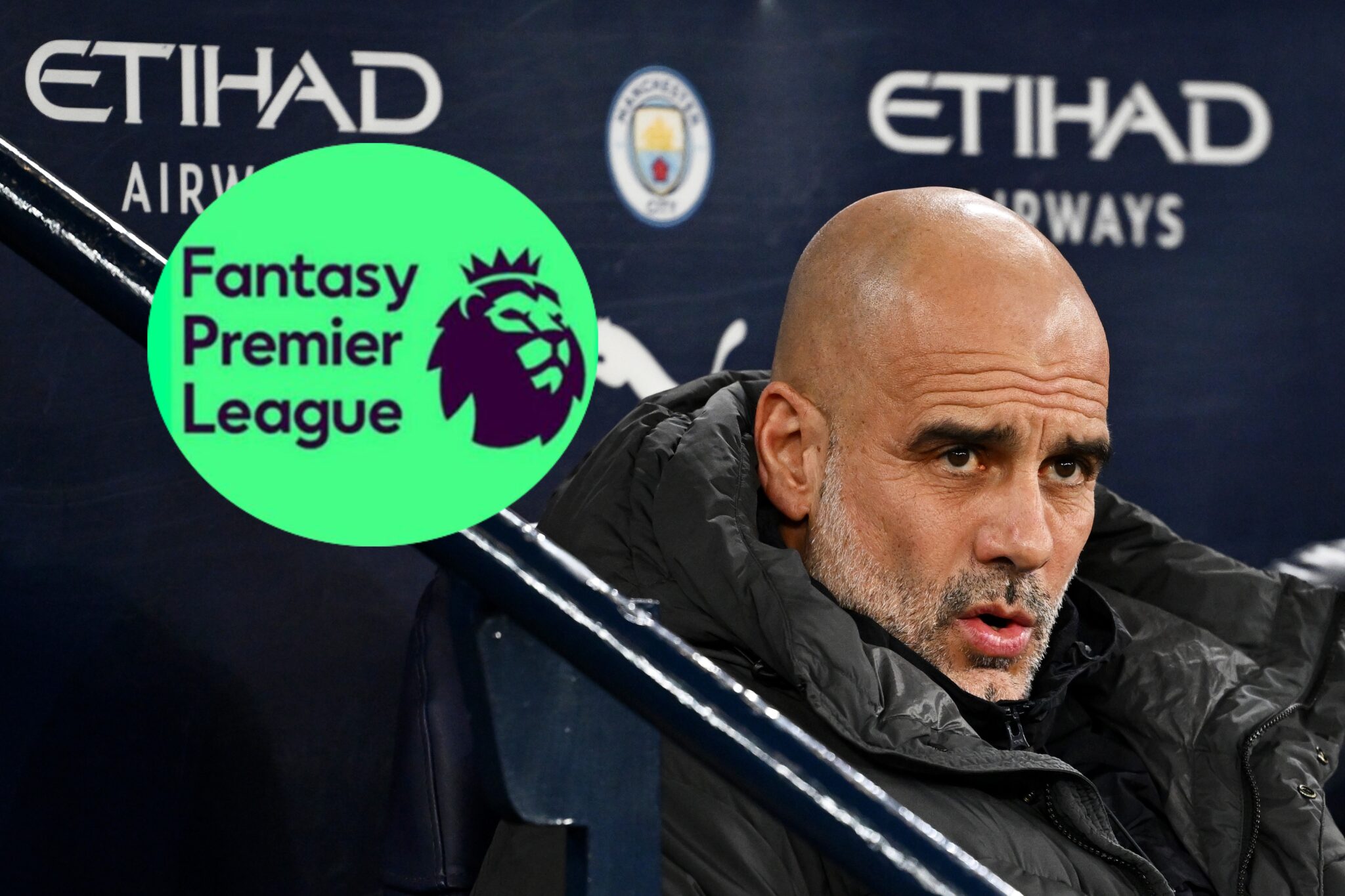Fantasy Premier League - Man City manager Pep Guardiola seated next to the FPL logo.