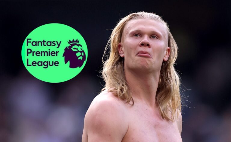 Fantasy Premier League - Man City striker Erling Haaland next to the FPL logo.