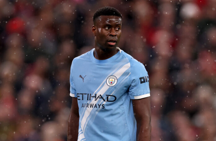 Marc Guehi of Man City during the Premier League match between Liverpool and Manchester City at Anfield on February 08, 2026 in Liverpool, England.