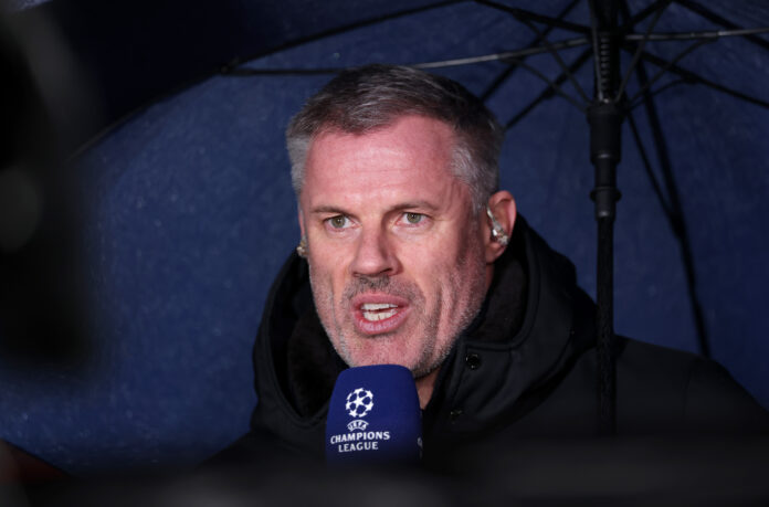 Former Liverpool player Jamie Carragher presents for Amazon Prime prior to the UEFA Champions League 2025/26 League Phase MD4 match between Liverpool FC and Real Madrid C.F. at Anfield on November 04, 2025 in Liverpool, England.