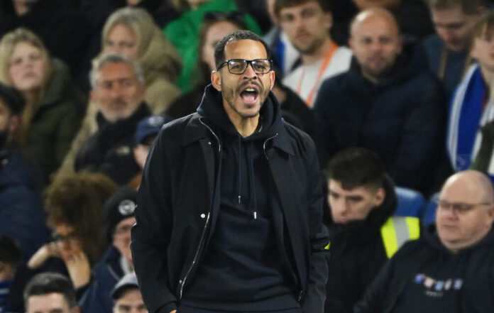 Liam Rosenior, Manager of Chelsea, reacts during the Premier League match between Brighton & Hove Albion and Chelsea at Amex Stadium on April 21, 2026 in Brighton, England.