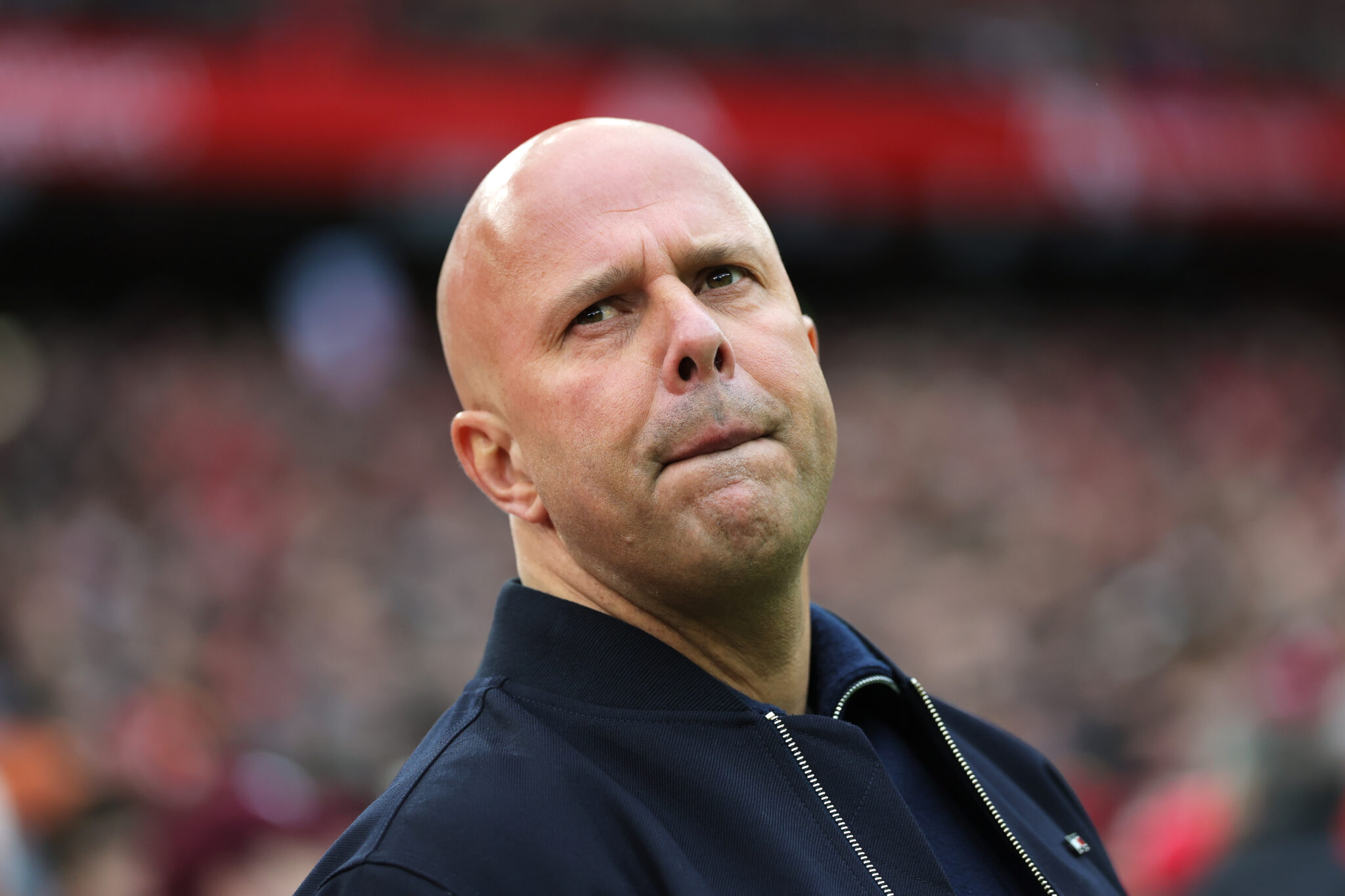 Liverpool manager Arne Slot looks on prior to the Premier League match between Liverpool and Fulham at Anfield on April 11, 2026 in Liverpool, England.