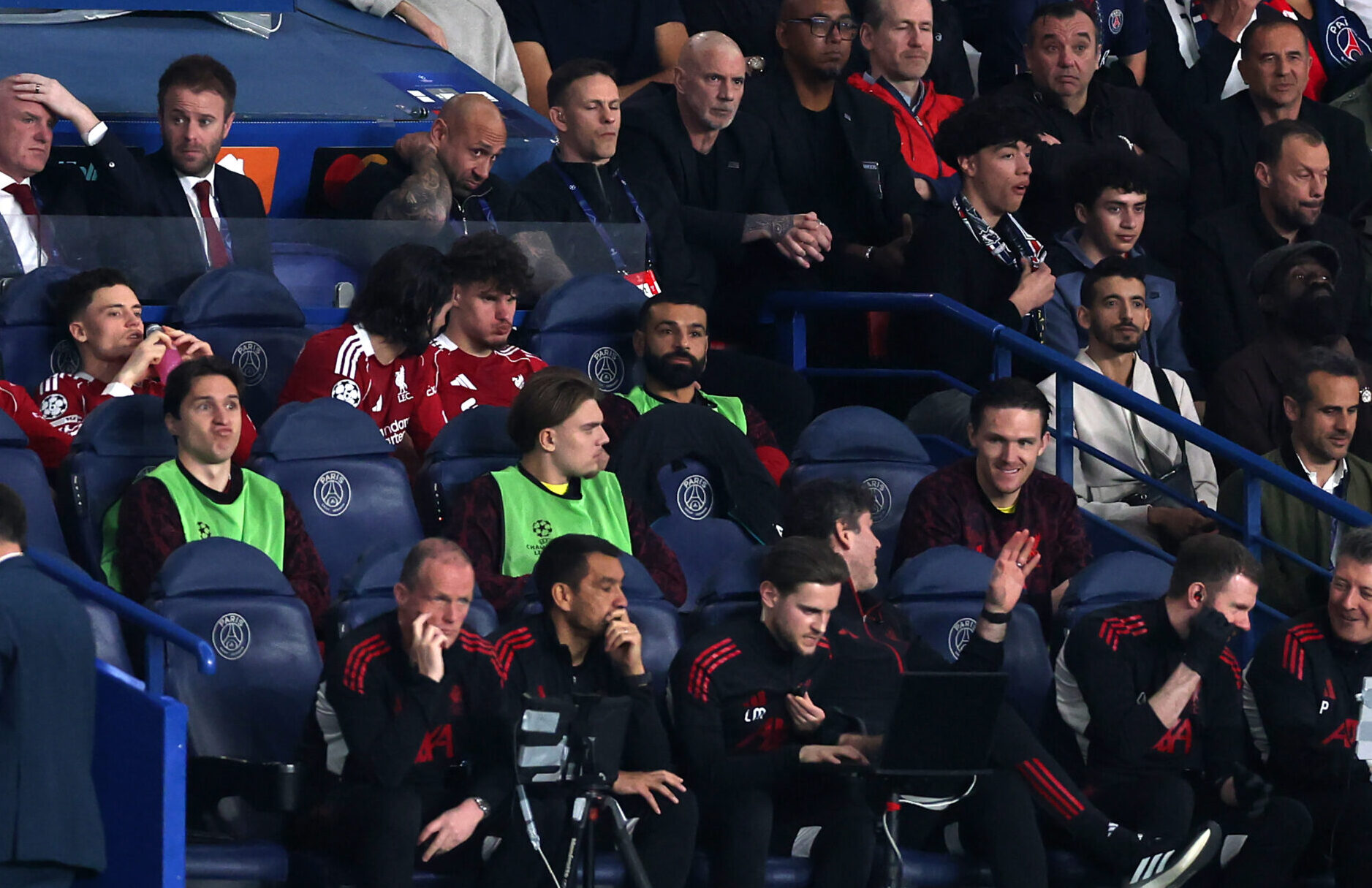 Mo Salah of Liverpool sits on the bench during the UEFA Champions League 2025/26 Quarter-Final First Leg match between Paris Saint-Germain FC and Liverpool FC at Parc des Princes on April 08, 2026 in Paris, France.