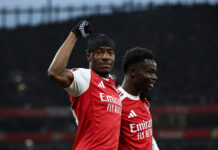 Arsenal receive ‘good news’ on Madueke injury ahead of Southampton clash Noni Madueke of Arsenal celebrates with teammate Bukayo Saka after scoring his team's first goal during the Emirates FA Cup Fourth Round match between Arsenal and Wigan Athletic at the Emirates Stadium on February 15, 2026 in London, England.