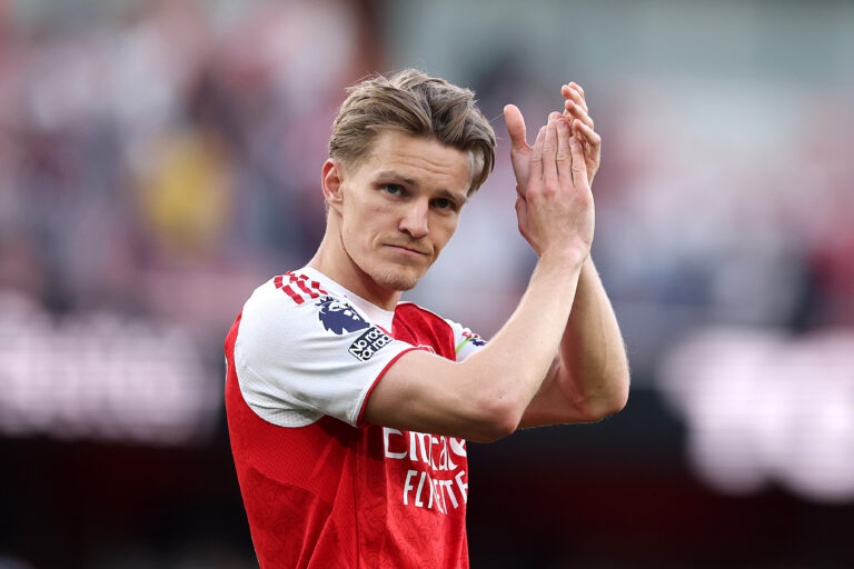 Martin Odegaard of Arsenal celebrates victory after the Premier League match between Arsenal and Newcastle United at Emirates Stadium on April 25, 2026 in London, England.