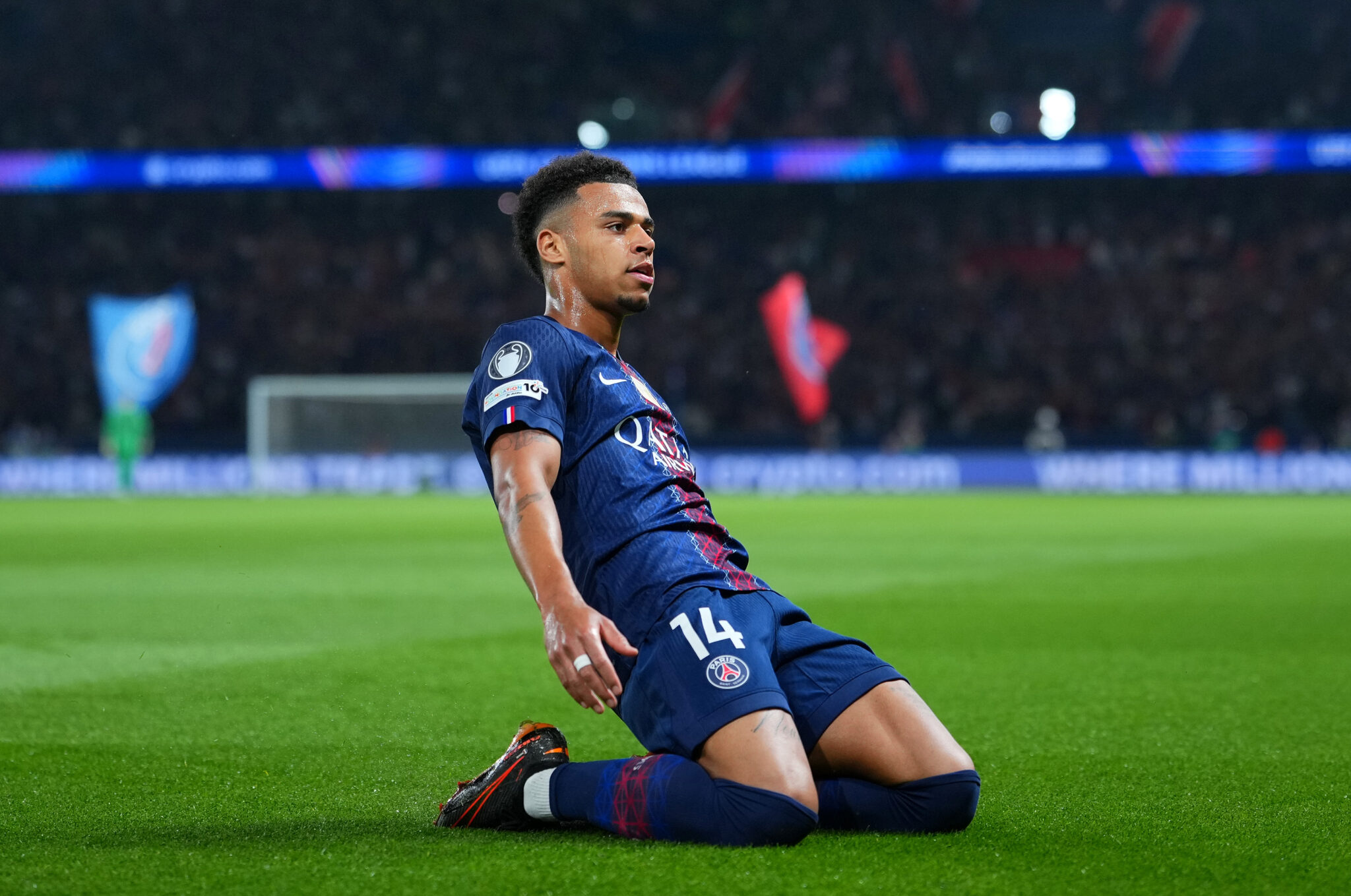 Desire Doue of PSG celebrates scoring his team's first goal during the UEFA Champions League 2025/26 Quarter-Final First Leg match between Paris Saint-Germain FC and Liverpool FC at Parc des Princes on April 08, 2026 in Paris, France.