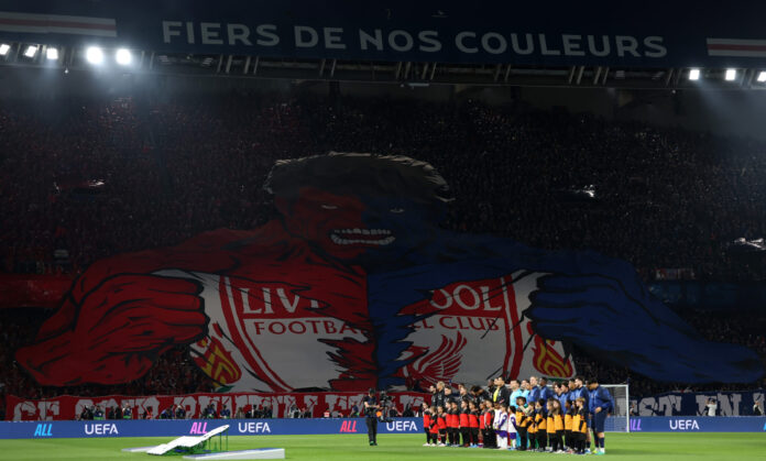 PSG tifo during the UEFA Champions League 2025/26 Quarter-Final First Leg match between Paris Saint-Germain FC and Liverpool FC at Parc des Princes on April 08, 2026 in Paris, France.
