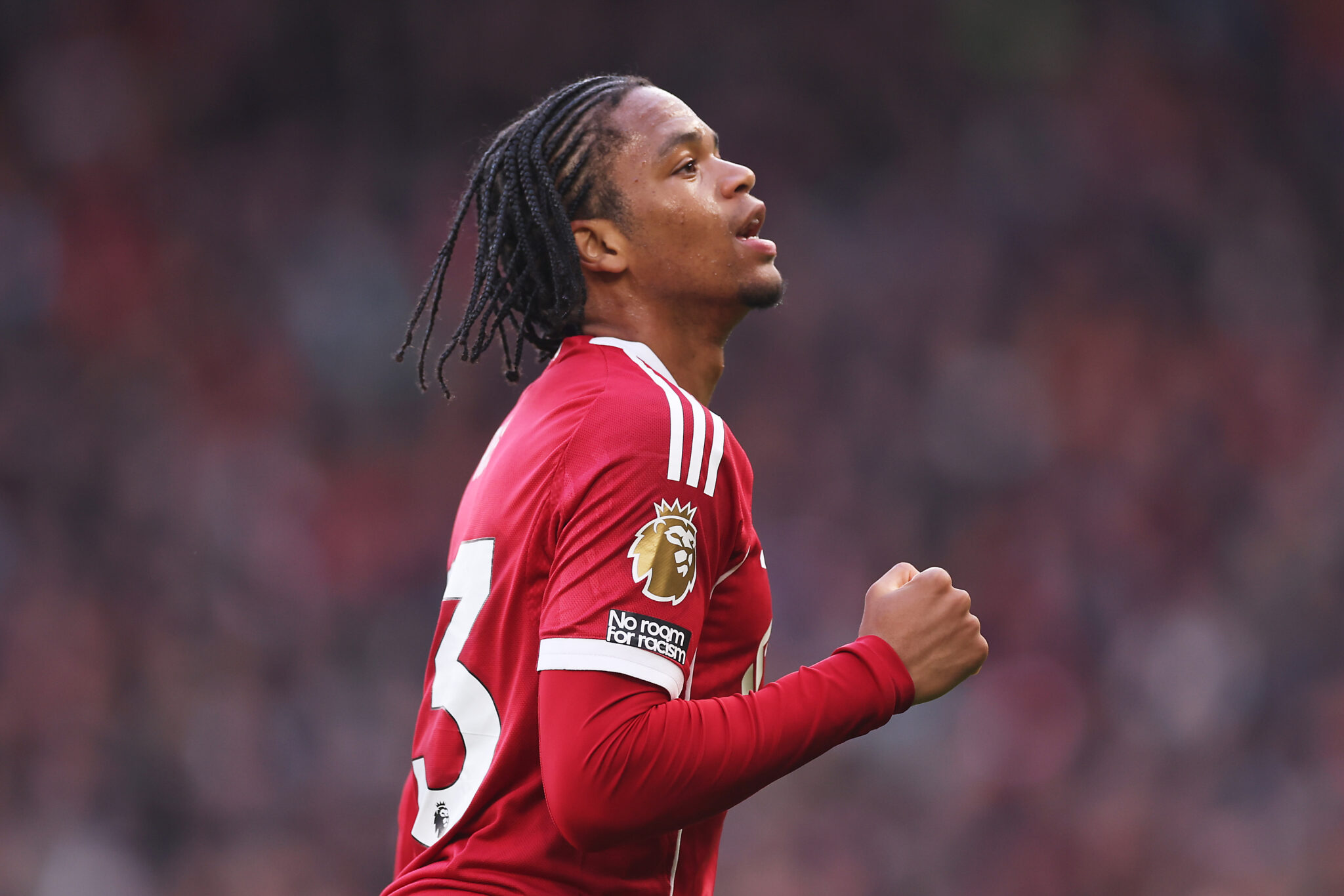 Rio Ngumoha of Liverpool celebrates scoring his team's first goal during the Premier League match between Liverpool and Fulham at Anfield on April 11, 2026 in Liverpool, England.