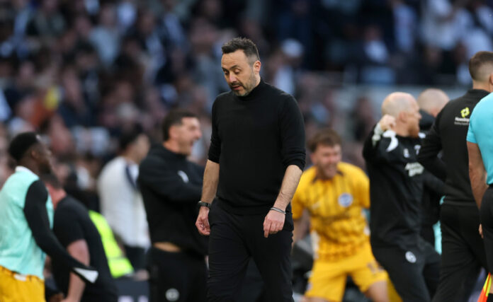 Spurs manager Roberto De Zerbi looks dejected during the Premier League match between Tottenham Hotspur and Brighton & Hove Albion at Tottenham Hotspur Stadium on April 18, 2026 in London, England.