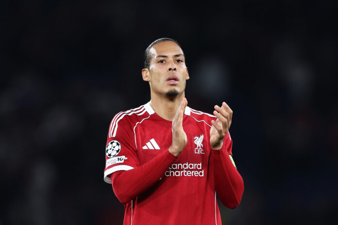 Virgil van Dijk of Liverpool applauds the fans after the UEFA Champions League 2025/26 Quarter-Final First Leg match between Paris Saint-Germain FC and Liverpool FC at Parc des Princes on April 08, 2026 in Paris, France.