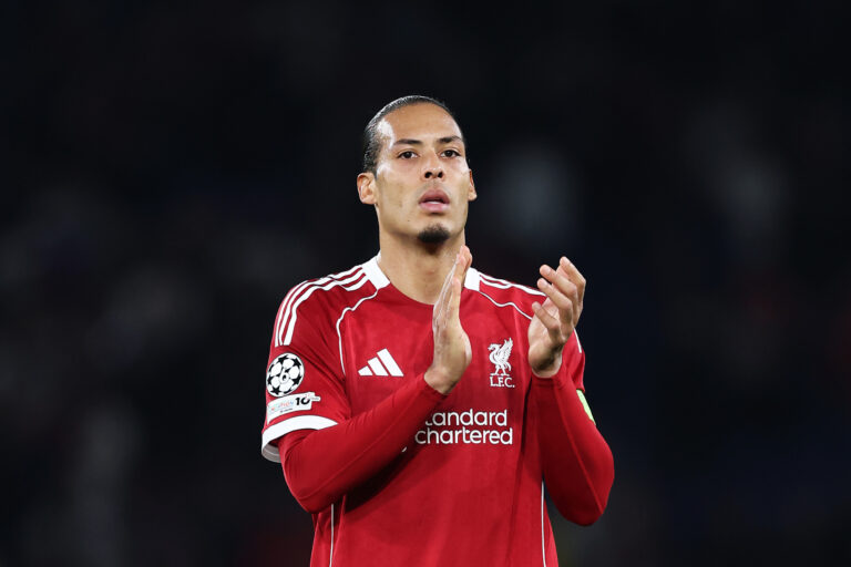 Virgil van Dijk of Liverpool applauds the fans after the UEFA Champions League 2025/26 Quarter-Final First Leg match between Paris Saint-Germain FC and Liverpool FC at Parc des Princes on April 08, 2026 in Paris, France.