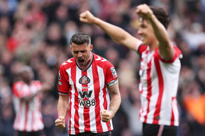 Granit Xhaka of Sunderland celebrates victory following the Premier League match between Sunderland and Tottenham Hotspur at Stadium of Light on April 12, 2026 in Sunderland, England.