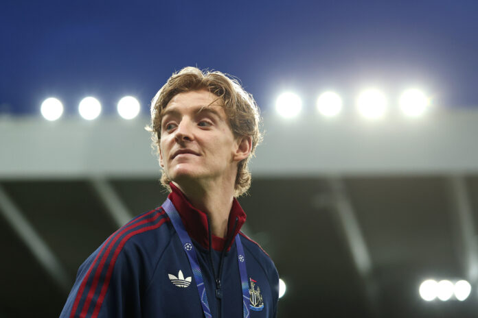 Anthony Gordon of Newcastle United arrives at the stadium prior to the UEFA Champions League 2025/26 Round of 16 First Leg match between Newcastle United FC and FC Barcelona at St James' Park on March 10, 2026 in Newcastle upon Tyne, England.