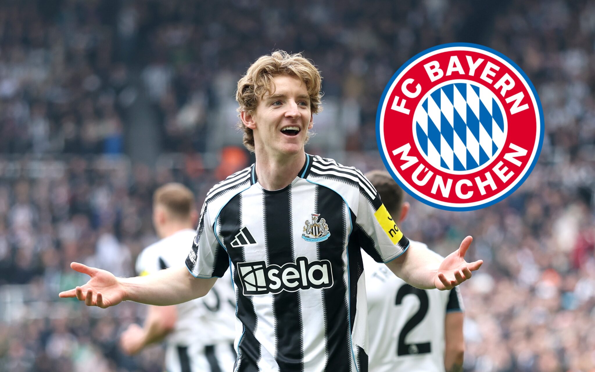 Bayern Munich transfer target Anthony Gordon celebrates scoring his team's first goal during the Premier League match between Newcastle United and Sunderland at St James' Park on March 22, 2026 in Newcastle upon Tyne, England.