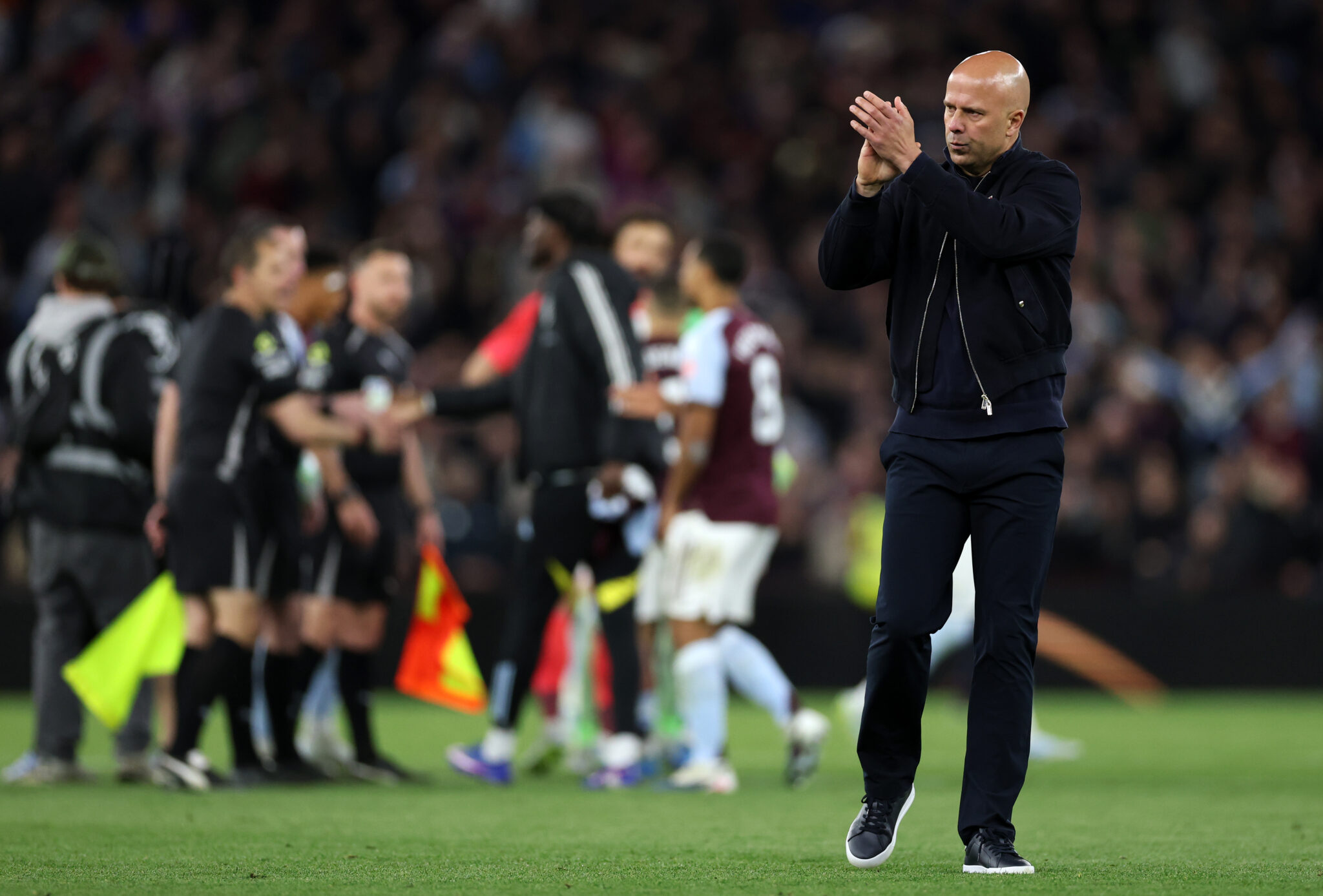 Arne Slot, Manager of Liverpool, applauds the fans after the Premier League match between Aston Villa and Liverpool at Villa Park on May 15, 2026 in Birmingham, England.