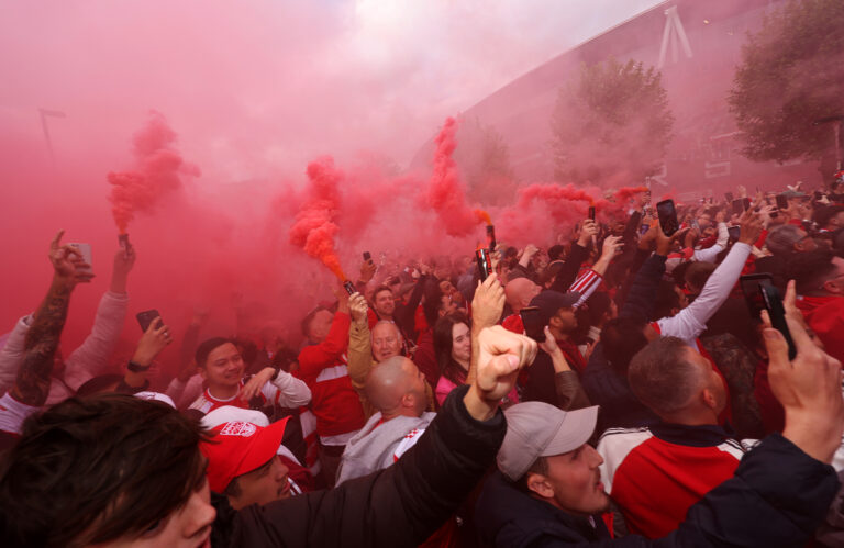 Arsenal Fans outside the stadium welcome in the team during the Premier League match between Arsenal and Burnley at Emirates Stadium on May 18, 2026 in London, England.