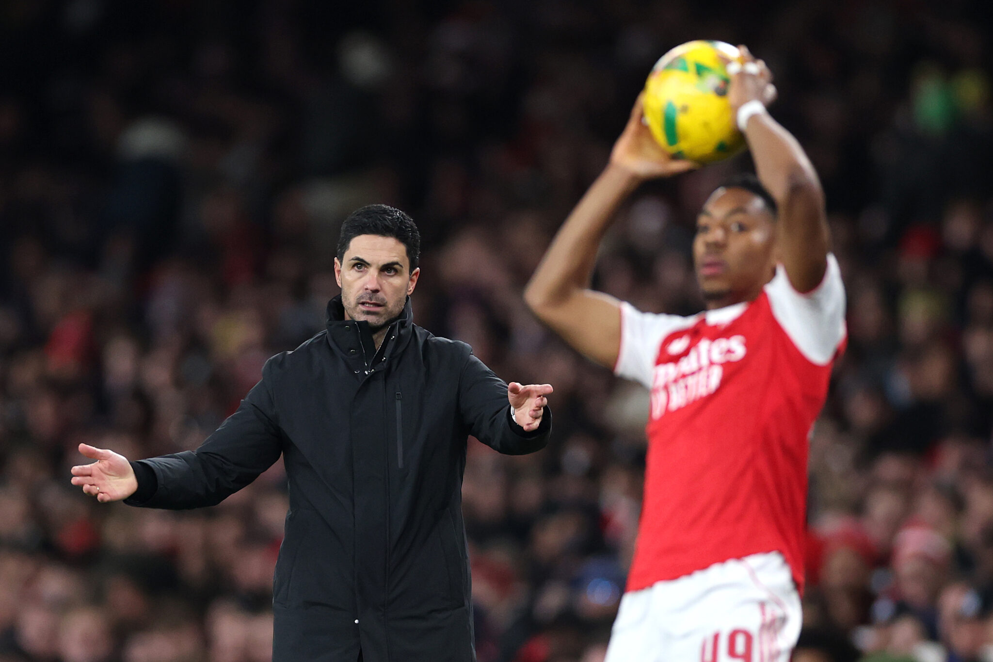 Mikel Arteta, Head Coach of Arsenal reacts to Myles Lewis-Skelly of Arsenal taking a throw-in during the Carabao Cup Quarter Final match between Arsenal and Crystal Palace at Emirates Stadium on December 23, 2025 in London, England.
