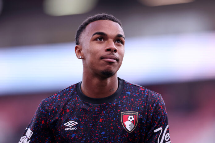 Bournemouth player Eli Junior Kroupi warms up prior to the Premier League match between Bournemouth and Leeds United at Vitality Stadium on April 22, 2026 in Bournemouth, England.