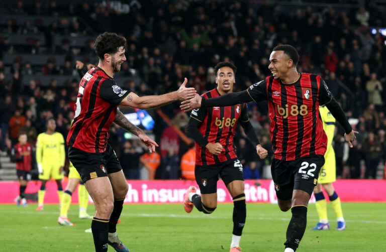 Bournemouth player Eli Junior Kroupi celebrates scoring his team's second goal with teammate Marcos Senesi during the Premier League match between Bournemouth and Tottenham Hotspur at Vitality Stadium on January 07, 2026 in Bournemouth, England.