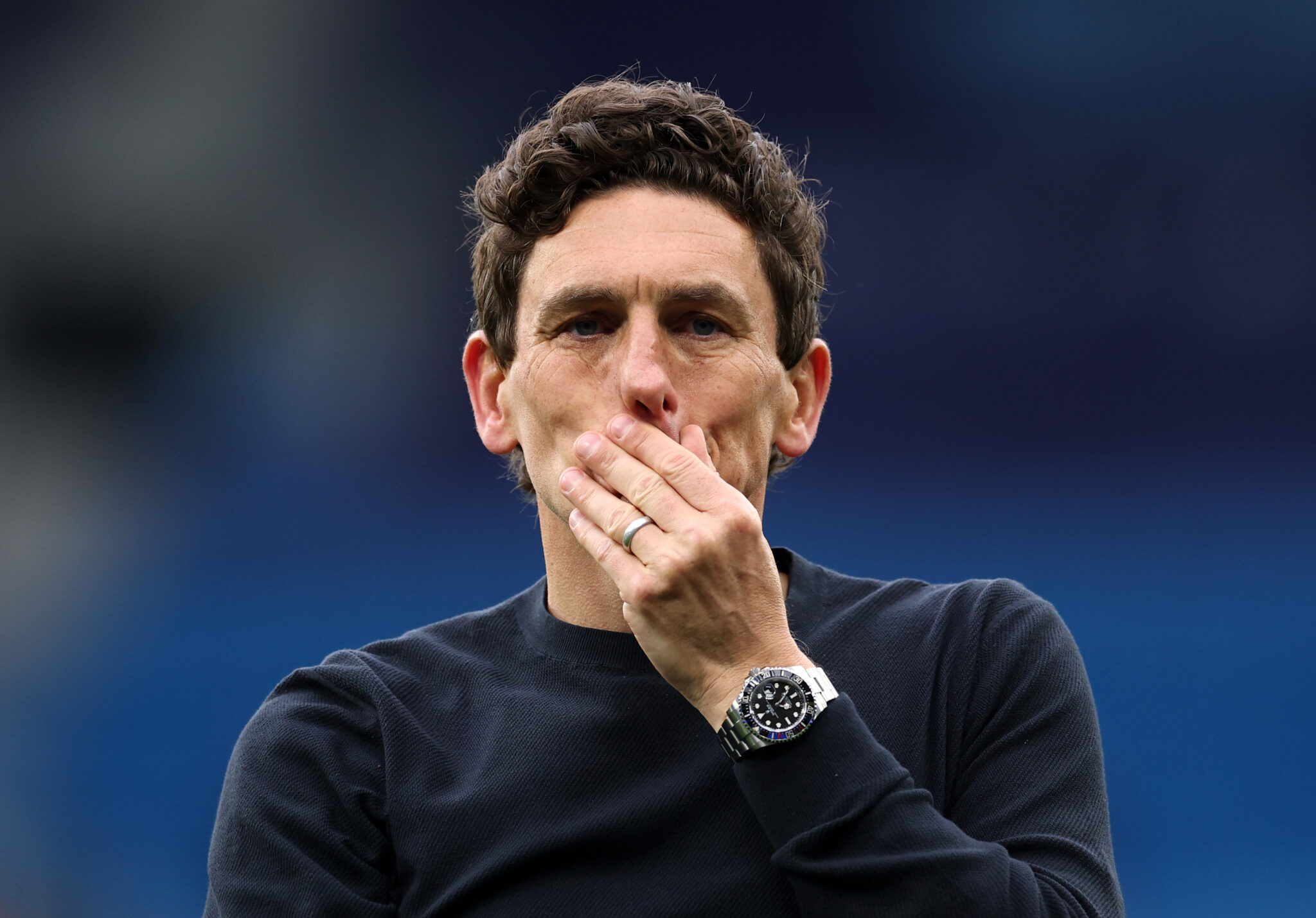 Keith Andrews, Manager of Brentford, reacts following the Premier League match between Man City and Brentford at Etihad Stadium on May 09, 2026 in Manchester, England.