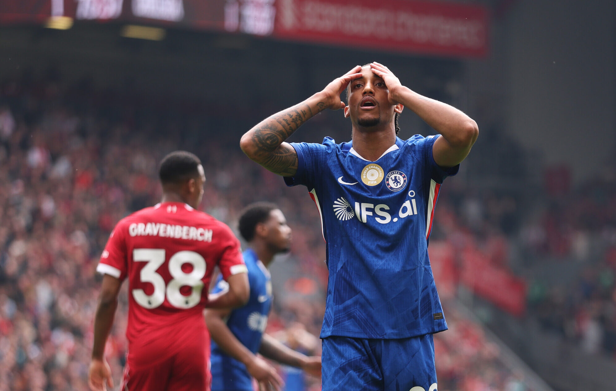 Chelsea player Joao Pedro reacts during the Premier League match between Liverpool and Chelsea at Anfield on May 09, 2026 in Liverpool, England.