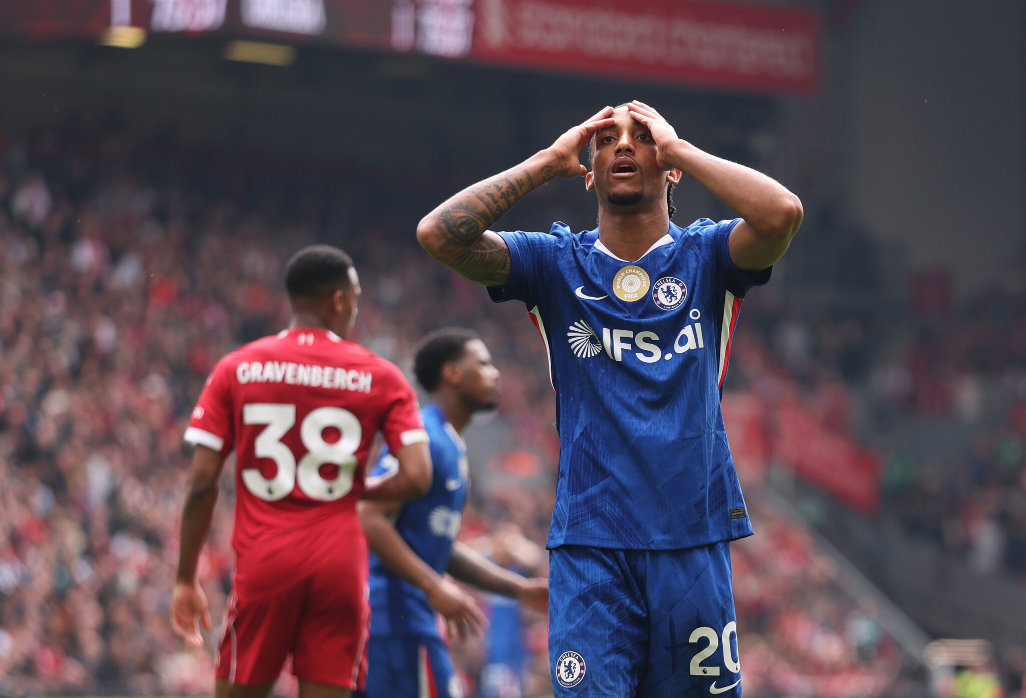 Chelsea player Joao Pedro reacts during the Premier League match between Liverpool and Chelsea at Anfield on May 09, 2026 in Liverpool, England.